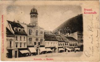 1900 Brassó, Kronstadt, Brasov; Búzasor, görögkeleti templom, üzletek. Julius Müller / Kornzeile / street, shops, Orthodox church (r)