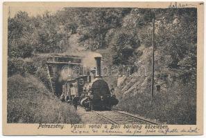 Petrozsény, Petrosani; Vasúti vonal a Boli barlang közelében, gőzmozdony, vonat, vasúti alagút / railway tunnel near Pestera Bolii, locomotive, train (r)