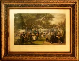William Powell Frith (1819-1909) festménye után, William Holl (1807-1871): An English Merry-making in the Olden Times. Színezett metszet, papír, jelzett a metszeten. Dekoratív, üvegezett, kissé sérült fakeretben. 62x92 cm