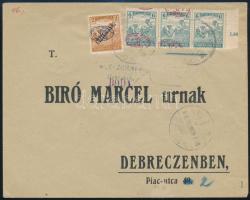 1919 Bíró Marcel részére feladott helyi levél 4 db Debrecen I. bélyeggel, az Arató 6f hármascsík felülnyomása nagyon látványosan eltolódott, illetve a jobb oldali bélyegen nincs is!!!! Bíró monográfiája szerint ebből mindössze 20 db készült! / Loval cover with 4 stamps: 2 stamps with shifted overprint, one without overprint! RRR! Signed: Bodor