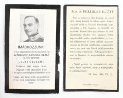 2 db Gyászlap, fénykép és gyászima. 7,5 x 11,5 cm. Sándor Kálmánné Dindár Ilona , Szádeczky-Kardoss ...