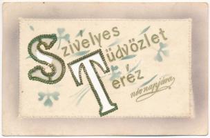 1914 Szívélyes üdvözlet Teréz névnapján. Art Nouveau (szakadás / tear)