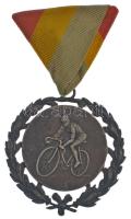 ~1945. Magyar Kerékpáros Szövetség kétoldalas, jelzett Ag díjérem mellszalagon, Kossuth-címerrel, díszítménnyel, LE gyártói jelzéssel (~38g/0.835/56mm) T:XF,VF patina / Hungary ~1945. Hungarian Cycling Association two-sided, hallmarked Ag award medal with ribbon, with Kossuth coat of arms, decoration, and LE makers mark (~38g/0.835/56mm) C:XF,VF patina