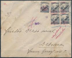 1919 Cenzúrázott helyi levélen 5 db Debrecen I. bélyeg, a négyestömb nagyon látványosan elcsúszott felülnyomással!!! / Censored local cover, with block of 4 with strongly shifted overprint. Signed: Bodor