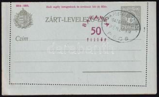 Baranya 1919 50f/6f díjjegyes zárt levelezőlap elcsúszott felülnyomással, használatlan / 50f/6f PS-cover card with shifted overprint, unused. Signed: Bodor