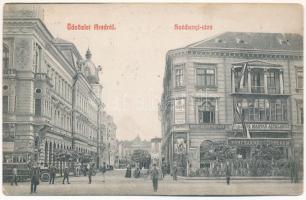 1908 Arad, Széchényi utca, autóbusz, Nemzeti Baleset Biztosító, Első Magyar Általános Biztosító Társaság, sörcsarnok és étterem, Felsőbükki Nagy Károly felvétele, Kerpel Izsó kiadása / street, autobus, insurance companies, beer hall and restaurant, inn (EK)