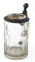 Antik üveg korsó, porcelánbetétes ón fedővel, kopásokkal, m: 18 cm