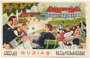 Buziásfürdő, Baile Buzias; Phönix víz reklámlap a kaszinóval. Humoros litho művészlap / Hungarian mineral water advertisement, casino. Humorous litho art postcard (fa)