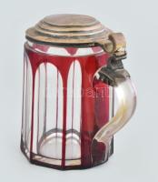 Antik üveg, korsó fém fedővel, kopott, m: 13 cm