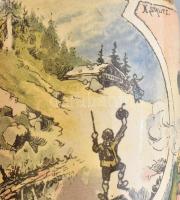 Antik porcelán, vadász korsó, jelzett, fém fedővel, kopott, m: 16 cm