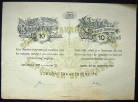 1926. "Soproni Takarékpénztár" részvénye 10P-ről, magyar és német nyelven
