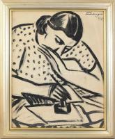 Schönberger Armand (1885-1974): Levelet író lány. Tus, papír, jelezve jobbra fent. Kissé sérült. Hátoldalán MNG kiviteli bélyegzővel. Üvegezett fakeretben. 57X45,5 cm. / ink on paper, signed, very slightly damaged, framed