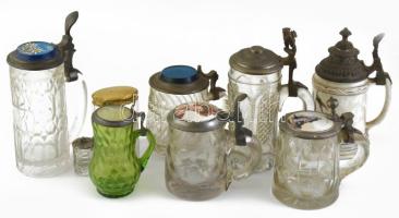 9 darabos régi / antik, üveg tétel, korsók és egyéb tárgyak, kopásokkal, m: 6-23,5 cm