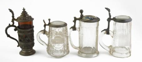 4 db régi / antik üveg korsó, kopásokkal, m: 16-20 cm