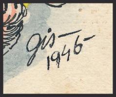 Szegő Gizi (1902-1985): Mindenki egyért? (politikai karikatúra), 1946. Tus, akvarell, papír, jelezve...