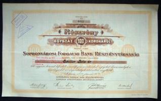 1918. "Sopronvárosi Forgalmi Bank Részvénytársaság" részvénye 100K-ról, szelvényekkel