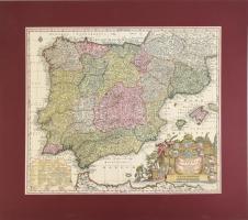 Novissima et accuratissima Hispaniae et Portugalliae.. Seutter, George Matthaeus (1678 - 1757), cca 1740. színezett rézmetszetű térkép. Paszpartuban / Colored copper plate map of Portugal and Spain in paspartu. 550x490 mm