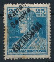 Bánát-Bácska 1919 Károly 25f elcsúszott felülnyomással (rozsda) / Mi 22 with shifted overprint. Signed: Bodor (stain)
