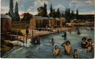 1920 Fonyód-fürdő, fürdőzők, Balaton parti fürdő kabinok (EK)