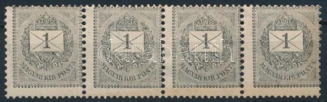 1889 1kr négyescsík javított gumival elfogazva, típus összefüggés (elvált fogak) / 1kr stripe of 4 repaired gum, shifted perforation (aparted perfs)