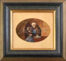 Jelzés nélkül: Borozgató szerzetes. Olaj, karton. Dekoratív, üvegezett fakeretben. 11,5x16,5 cm