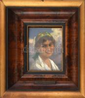 Pállya Celesztin (1864-1948): Női portré. Olaj, falemez, jelzett. Dekoratív, üvegezett fakeretben, 15×12 cm