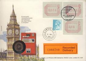 Nagy-Britannia 1982. 1/2p érmés, bélyeges borítékon, automata bélyegekkel, ajánlott matricával, elsőnapi bélyegzővel T:1