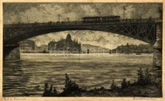 Conrad Gyula (1877-1959): Est a Dunán (Budapest, Margit híd). Rézkarc, papír, jelzett, üvegezett fakeretben, 14×22 cm