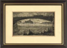 Conrad Gyula (1877-1959): Est a Dunán (Budapest, Margit híd). Rézkarc, papír, jelzett, üvegezett fak...