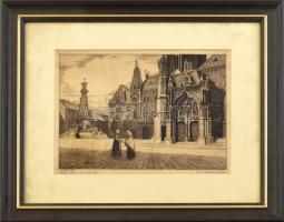 Conrad Gyula (1877-1959): Szentháromság tér (Budai vár). Rézkarc, papír, jelzett, üvegezett fakeretb...