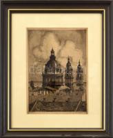 Conrad Gyula (1877-1959): Budapest, bazilika. Rézkarc, papír, jelzett, kissé foltos, üvegezett faker...