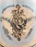 Antik osztrák emlékkorsó, ón fedeles fajansz korsó, "Internationale Ausstellung für Musik u. Th...