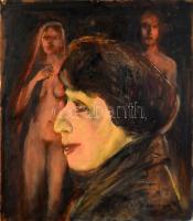 Schönberger A. jelzéssel: Portré aktokkal. Olaj, vászon, kartonra kasírozva, sérülésekkel, 50x43 cm