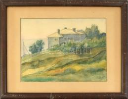 Mizsár / Mizsér 951 jelzéssel: Táj házzal. Akvarell, papír, keretben, sérülésekkel, 20x28 cm