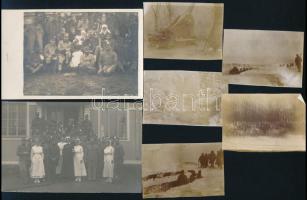 I. világháborús fotók: 4 db kisebb méretű fotó (ágyú, katonák lövészárokban a fronton, stb.), 8x5,5 cm körül + 2 db fotólap (katonák és nővérek csoportképe), az egyik hátoldalán aláírásokkal, 14x8,5 cm