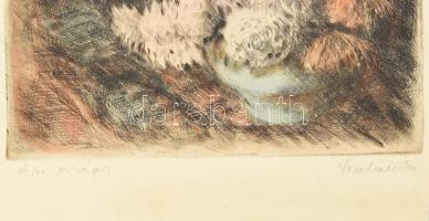 Scultéty Éva (1917-2001): Őszi virágok, színezett rézkarc, papír, jelzett, kartonra kasírozva, 33,5×...