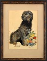 Mühlbeck Károly (1869-1943): Puli, 1938. Akvarell, papír, foltokkal, jelzett. Dekoratív, üvegezett, 28x20cm / watercolour on paper, signed, slightly stained, framed