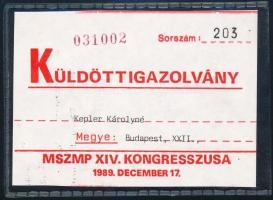 1989 Az MSZMP XIV. kongresszusára kiállított küldött igazolvány