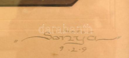 1929 Fiatal hölgy jelmezben, fejdísszel, kartonra kasírozott fotó Sonya műterméből, üvegezett keretb...