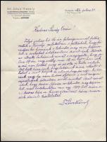 1956 Lőwe Károly dr., a Kisbirtokosok Országos Központi Földhitelintézete ny. ügyvezető igazgatója, volt m. kir. kincstári főtanácsos levele Sárdy Brutus (1892-1970) festőművész, restaurátor részére eladandó festményei megtekintés ügyében, amelyek közt egy Sárdy Brutus mű is található. Közel egy kézzel írt oldal fejléces papíron, Lőwe Károly autográf aláírásával, eredeti borítékban.