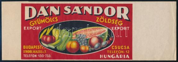 cca 1940 Dán Sándor gyümölcs-zöldség export konzerv címke, 26,5x9 cm