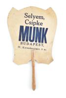 cca 1900 Munk selyem, csipke. Litho képes reklámos papír legyező 30 cm