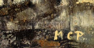 MCP jelzéssel: Havas város. Olaj, fa, sérült keretben, 28x23,5 cm