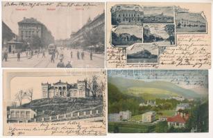 4 db régi képeslap vegyes minőségben: Budapesti József körút villamossal, Trencsénteplic, Nyitra, Losonci Prónay kastély / 4 pre-1945 postcards in mixed quality: Budapest, Trencianske Teplice, Nitra, Lucenec