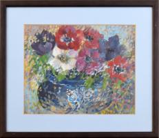 Somos Melitta (1943-): Virágok. Tempera, papír, jelzett, üvegezett fakeretben. 18x23 cm