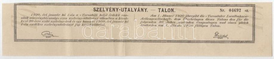 Nagybecskerek 1887. "Torontáli Helyi Érdekű Vasutak Részvénytársaság" törzsrészvénye 100Ft...