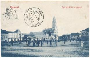 1909 Nagyvárad, Oradea; Szt. László tér és piac, Glücksman üzlete, Bihoreana takarékpénztár / square, market, shops, savings bank (EB)