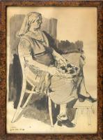 Kohán György (1910-1966): Nő tállal. Ceruza, tus, papír, jelzett. Üvegezett fa keretben. 42x30 cm. / Pencil and ink on paper, signed, framed