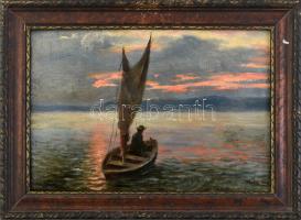 Wolff Károly (1869-1946): Vitorlás a Balatonon. Olaj, vászon. Jelzett. Kopott fa keretben 24x34 cm / Boat on Lake Balaton. Oil on canvas, signed, framed