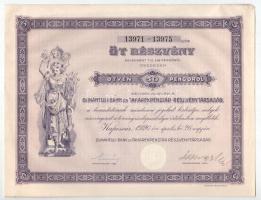 Kaposvár 1926. "Dunántúli Bank és Takarékpénztár Részvénytársaság" részvénye 50P-ről szelvényekkel, szárazpecséttel, részben kitöltött T:XF fo. / Hungary / Kaposvár 1926. "Dunántúl Bank and Savings Bank Share Company" share about 50 Pengő, with embossed stamp and coupons C:XF spotted